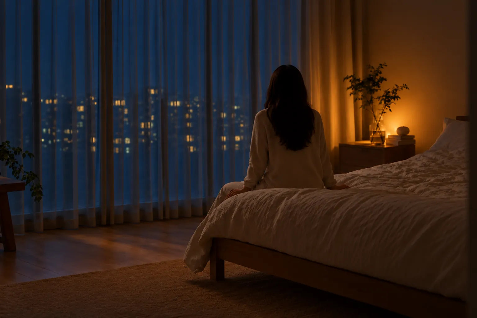 夜、街の明かりが見える窓辺の寝室で、ベッドに腰掛ける女性の後ろ姿
